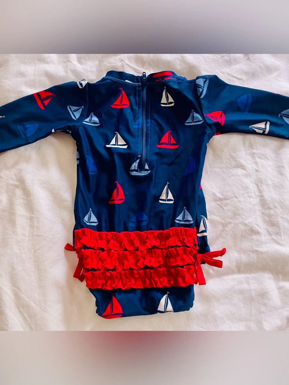 Ruffle butts Navy Sailboat Long Sleeve Baby One-Piece Swimsuit